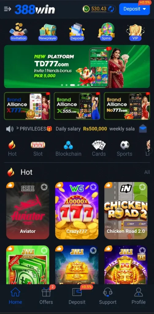 388Win Game mobile app showing gaming interface with coins and features